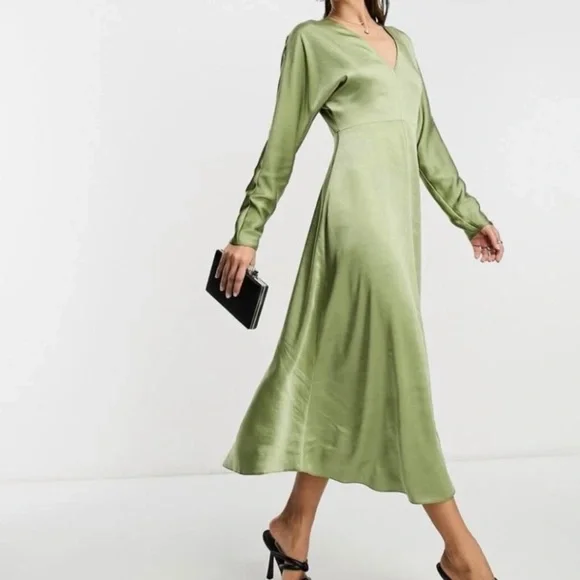 ASOS Olive Green Midi Dress with V-Neck - Picture 2 of 5